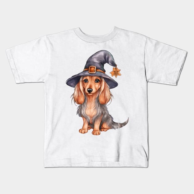 Watercolor Dachshund Dog in Witch Hat Kids T-Shirt by Chromatic Fusion Studio